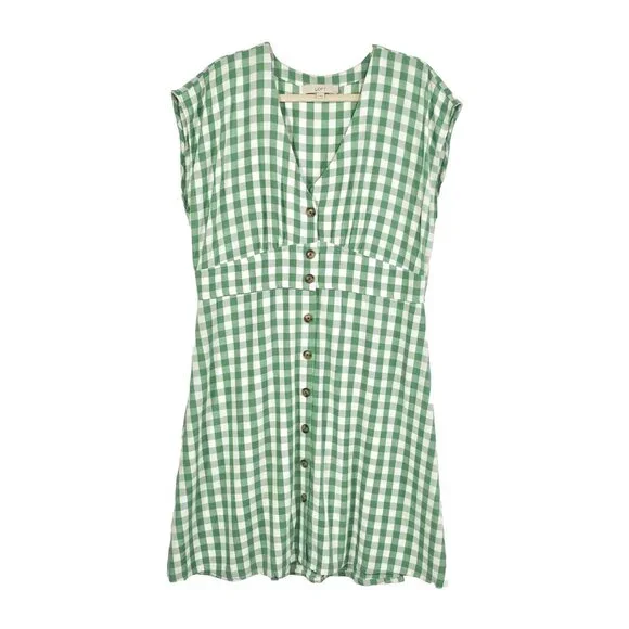Loft Gingham Button Flare Dress Womens 16 Green White Cottage Country Western - Picture 1 of 13